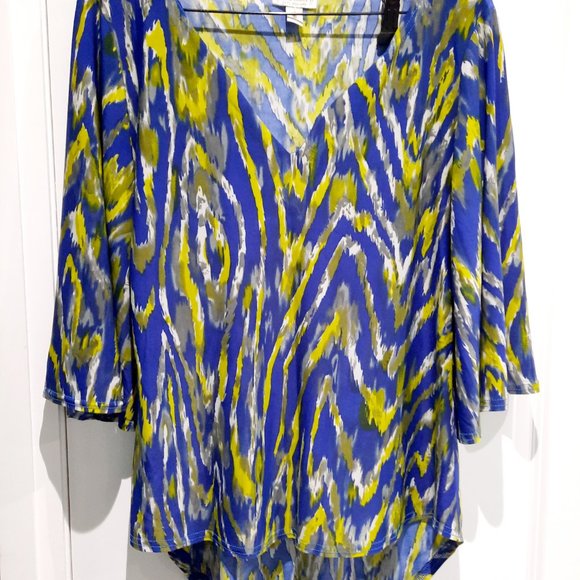 Abstract Striped Gold and Blue Blouse - Picture 1 of 6